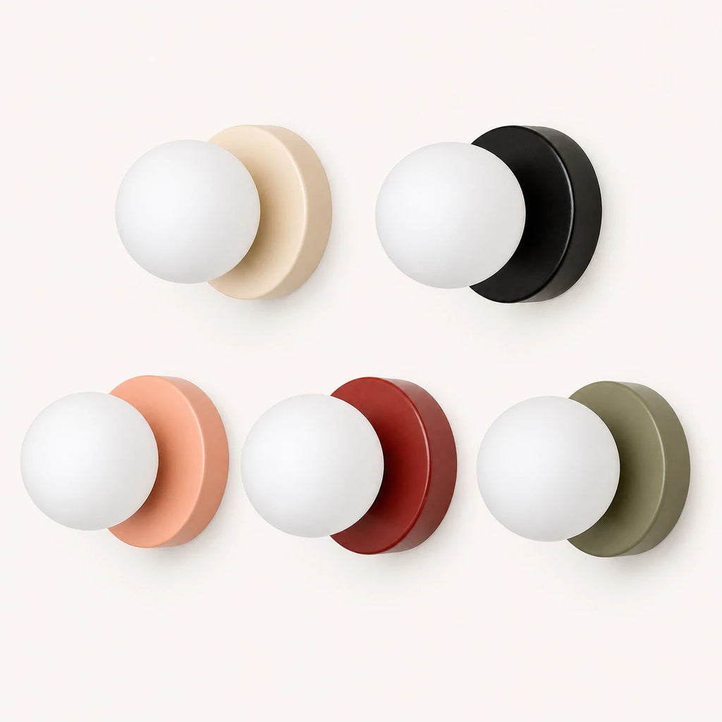 Mini Glass Orb Nordic Wall Light colour range: beige, black, green, pink, red and more circular wall sconces