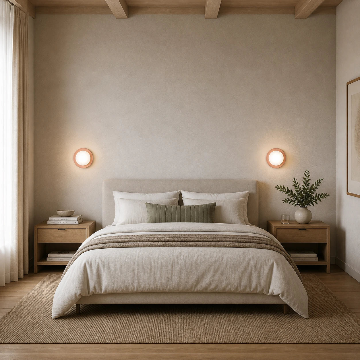 Pair of Mini Glass Orb Nordic Wall Lights in pink used as bedside sconces in a neutral Nordic bedroom