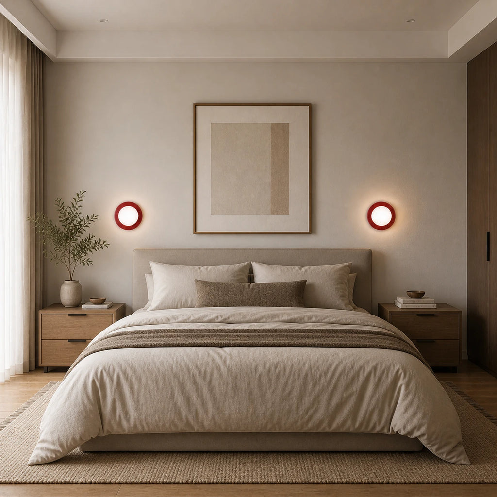 Pair of Mini Glass Orb Nordic Wall Lights in red used as bedside lights in a minimal Nordic bedroom