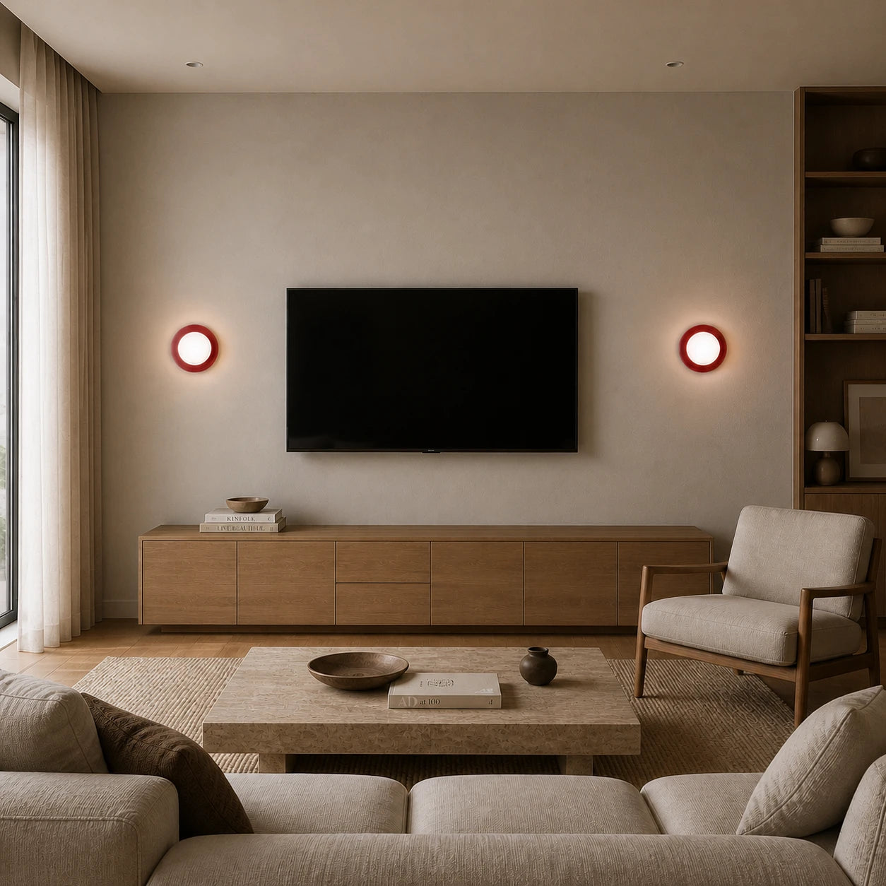 Pair of Mini Glass Orb Nordic Wall Lights in red flanking a TV wall in a Nordic living room