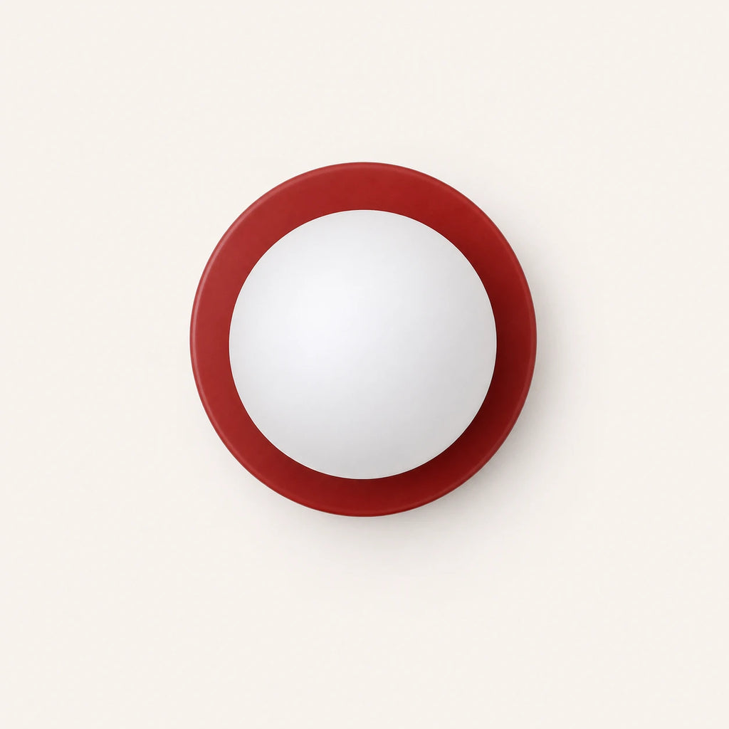 Mini Glass Orb Nordic Wall Light in red, front-facing view showing circular disc and frosted glass orb