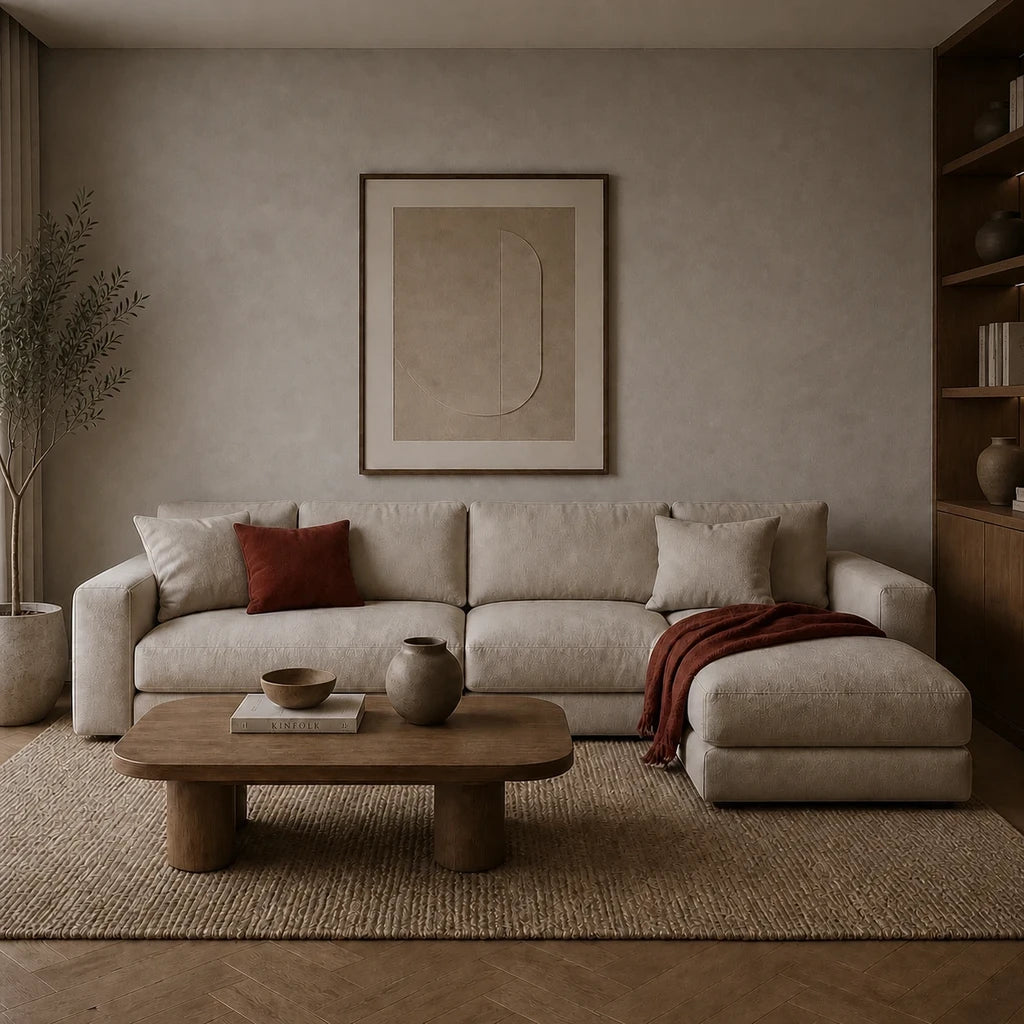 Warm living room with cream sectional sofa and terracotta throw before installing the mini glass orb Nordic wall light