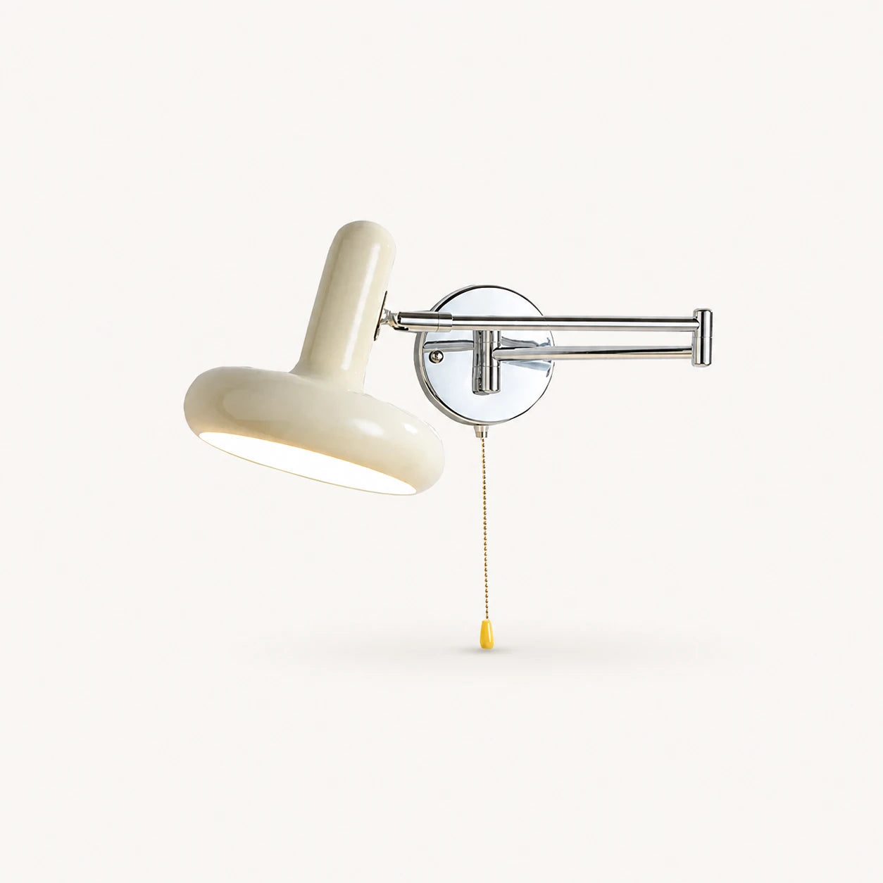 Pull cord swing arm retro wall light in cream — tug the cord to switch on without leaving your bed.