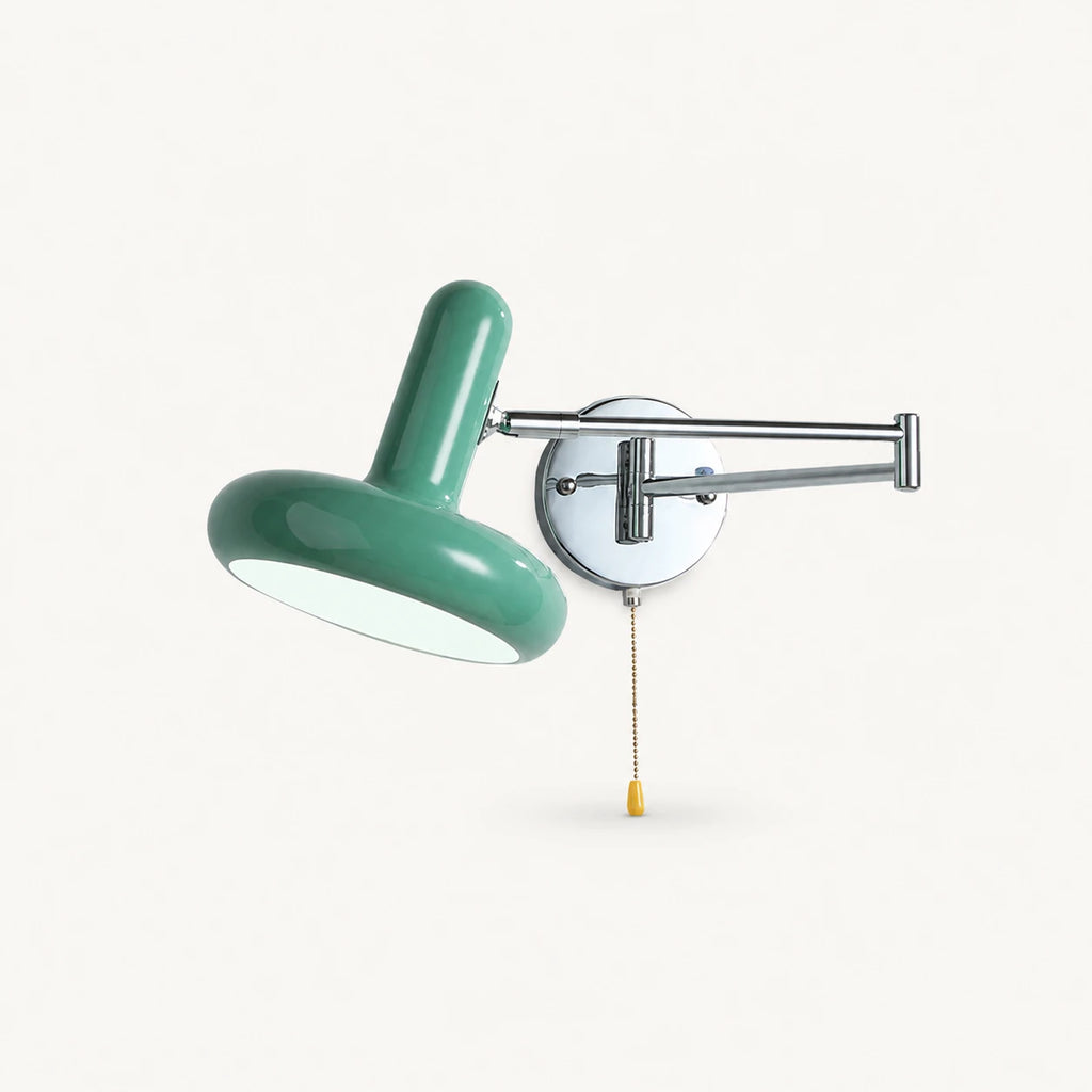 Pull cord swing arm retro wall light in green with pull cord — earthy tone for bohemian bedroom walls.