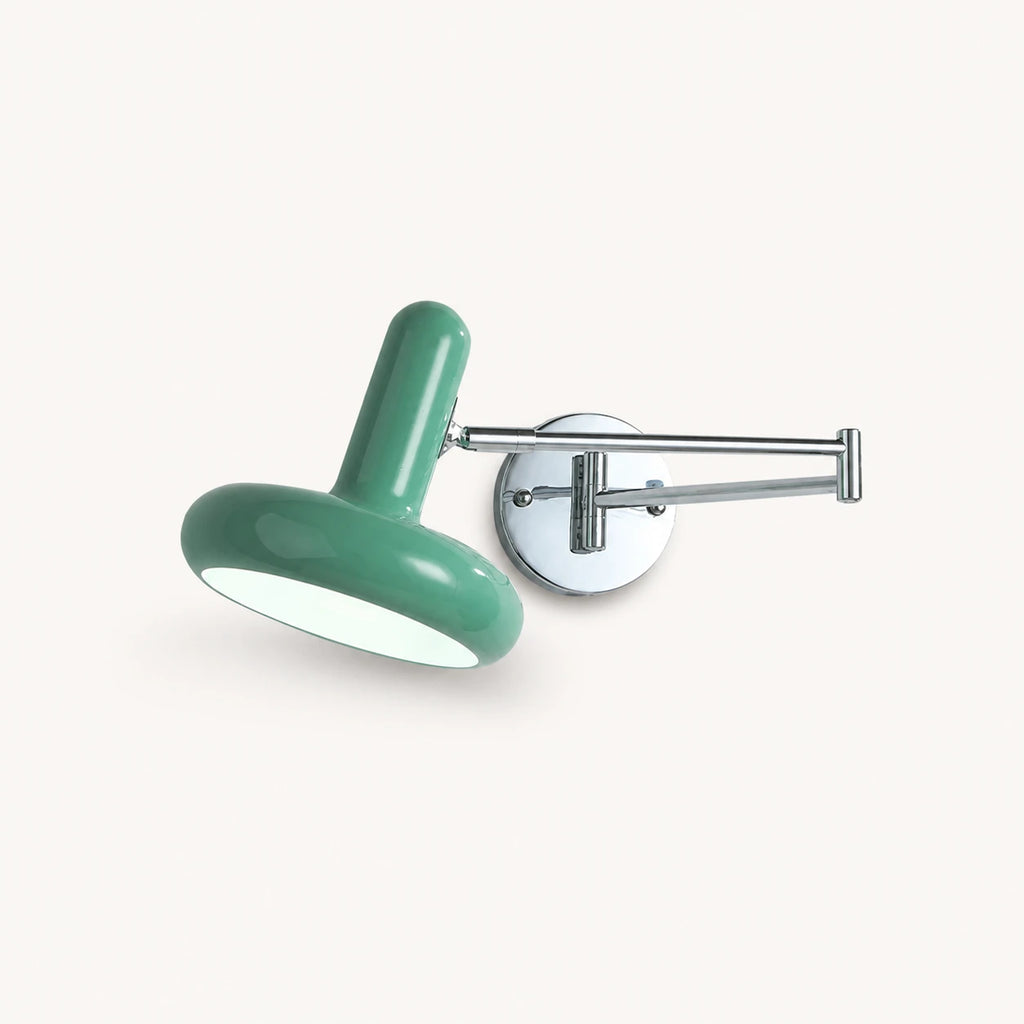 Pull cord swing arm retro wall light in green with wall switch — sage tone for bohemian interiors.