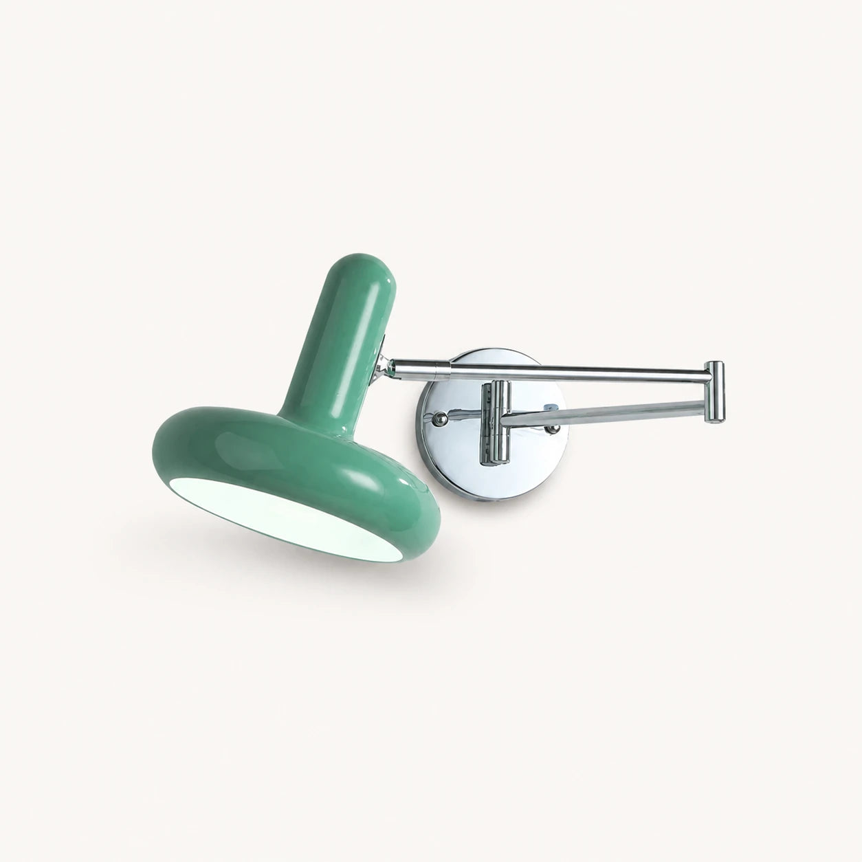 Pull cord swing arm retro wall light in green with wall switch — sage tone for bohemian interiors.