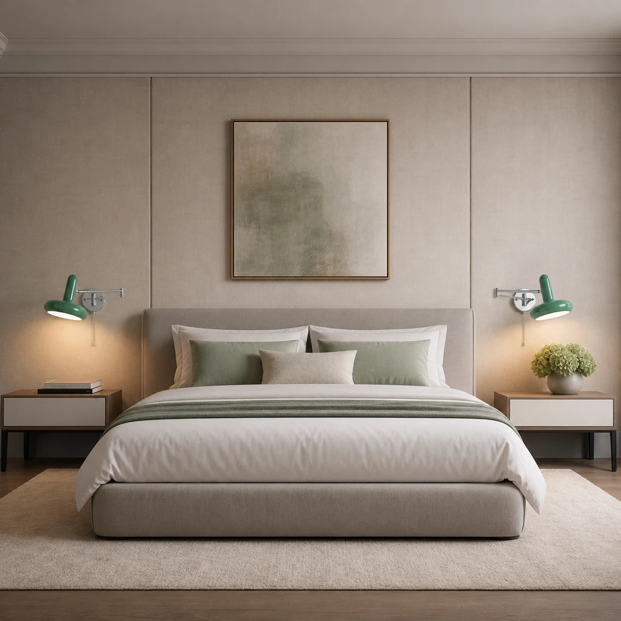 Pair of green pull cord swing arm reading wall lights either side of a bed in a serene minimal bedroom