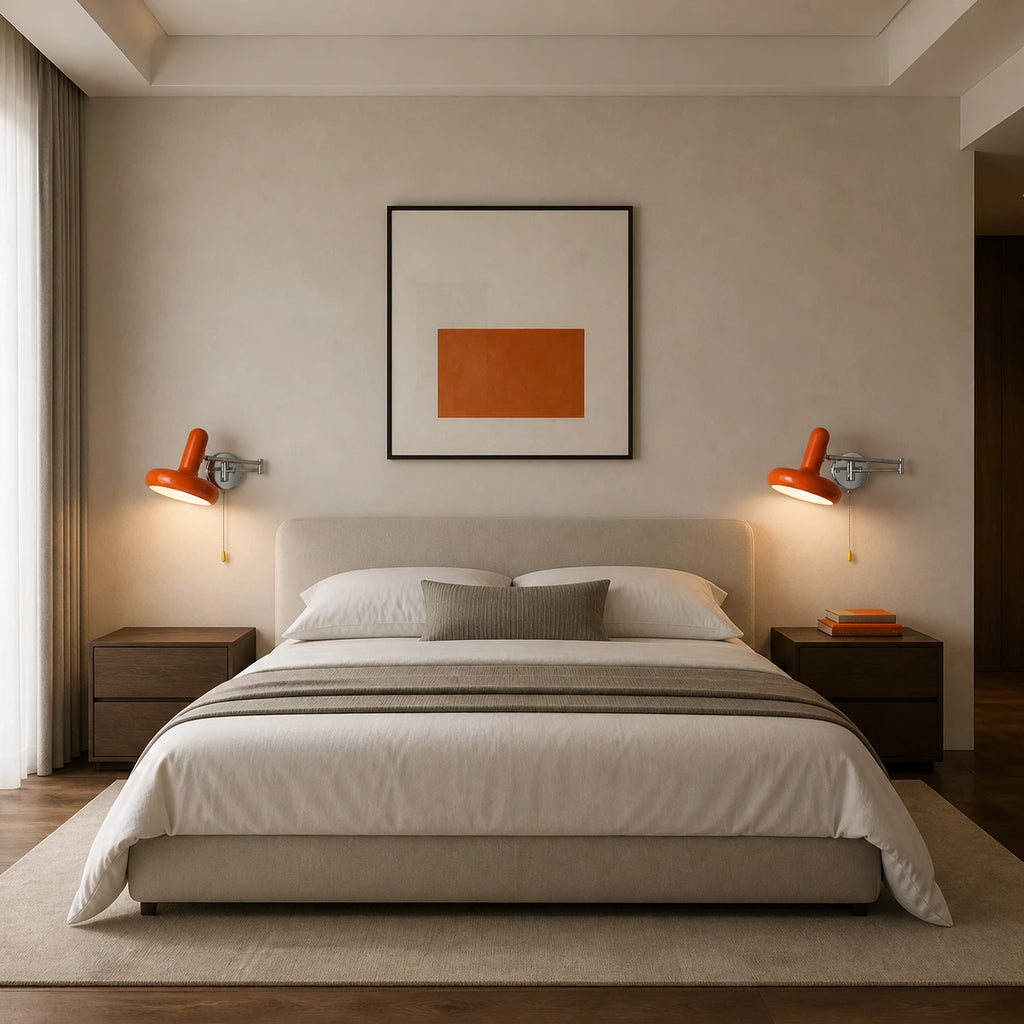 Pair of orange pull cord swing arm reading wall lights either side of a bed in a contemporary neutral bedroom
