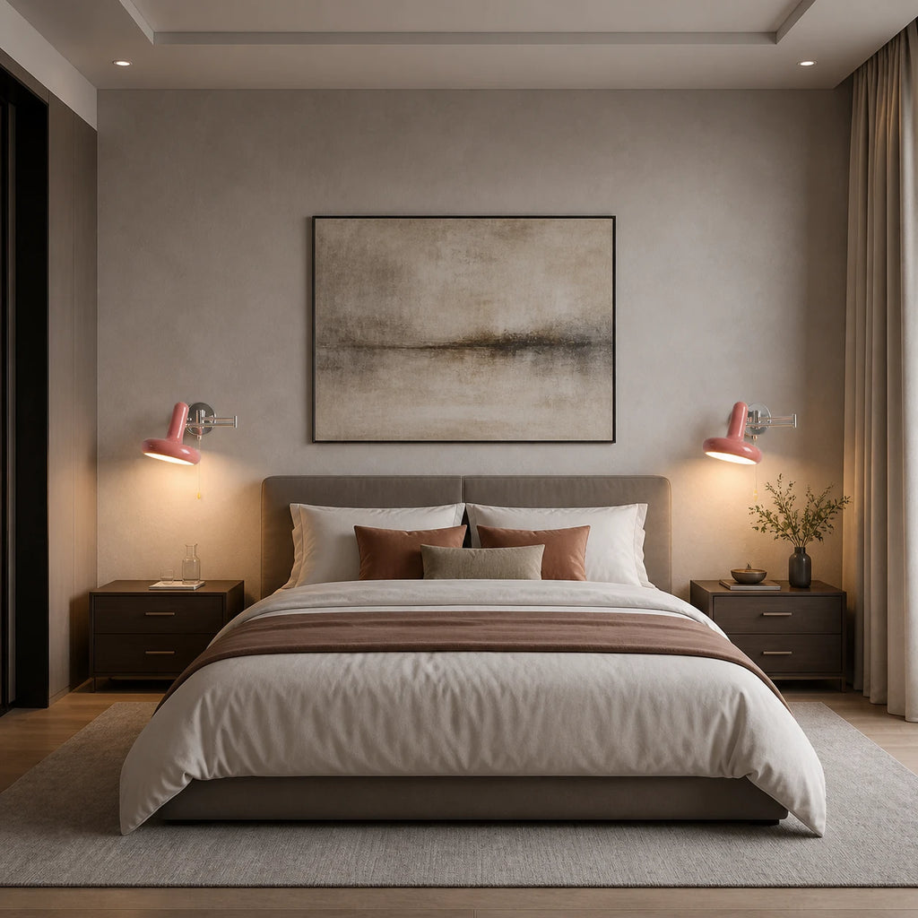 Pair of pink pull cord swing arm reading wall lights either side of a bed in a warm neutral bedroom