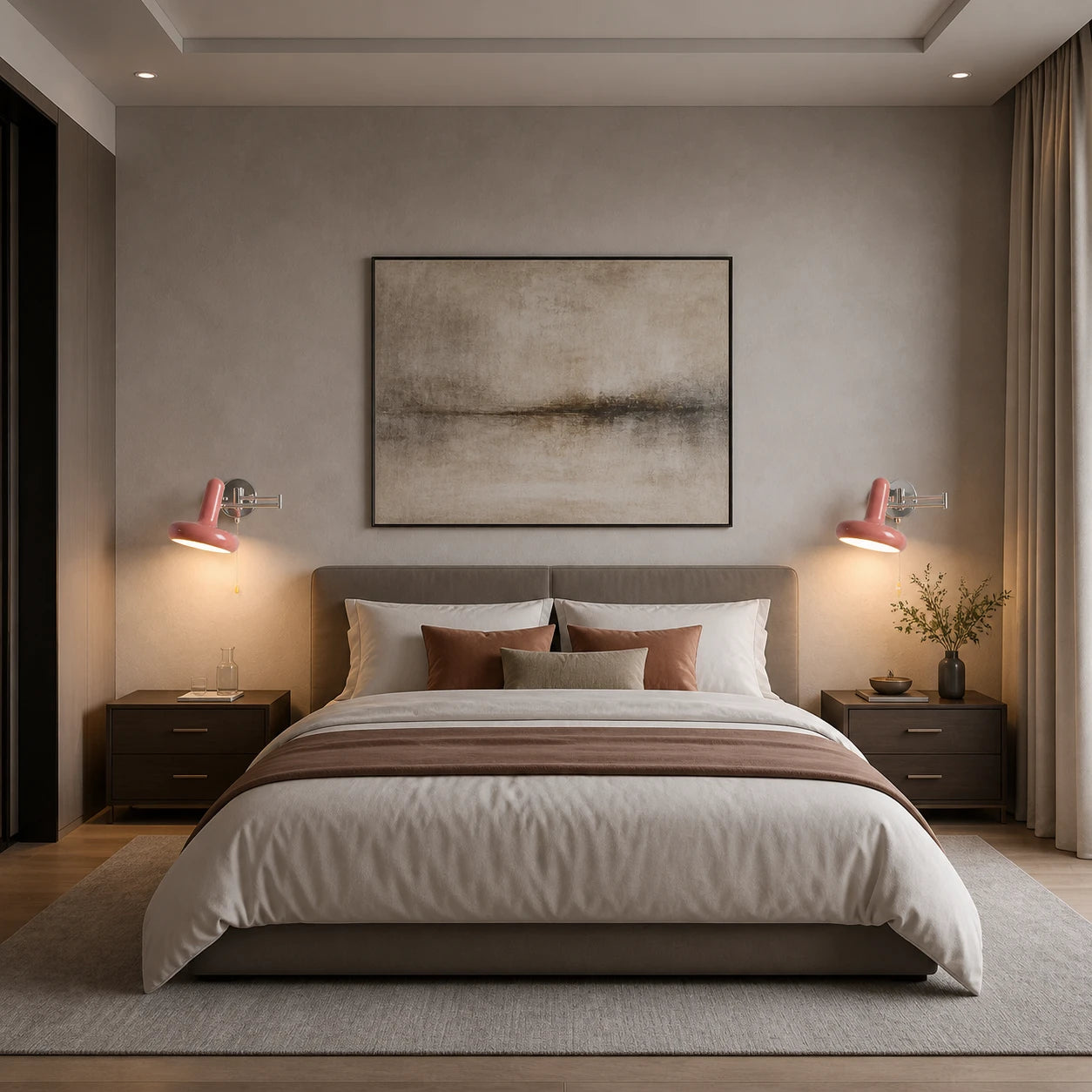 Pair of pink pull cord swing arm reading wall lights either side of a bed in a warm neutral bedroom