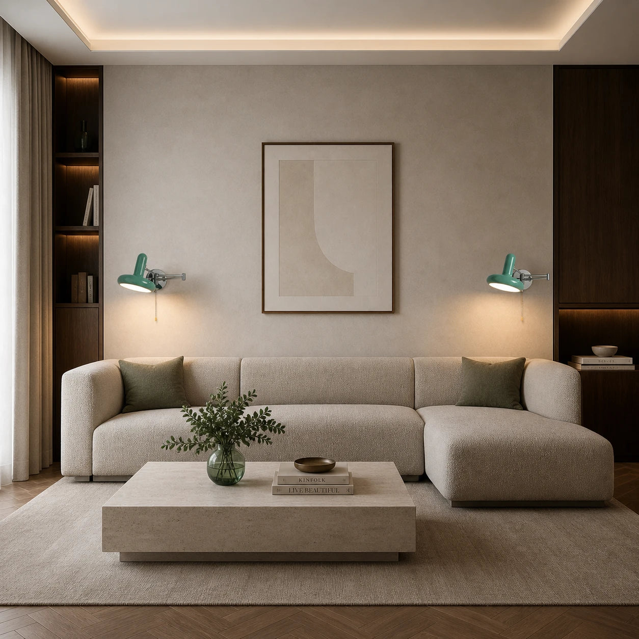 Pull Cord Swing Arm Reading Retro Wall Light lifestyle in living room, green variant