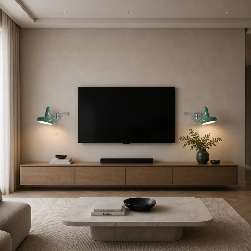 Pair of green pull cord swing arm retro wall lights flanking a wall-mounted TV in a modern living room