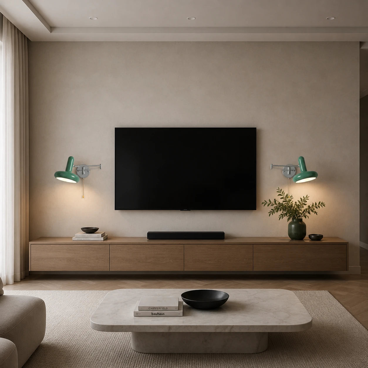 Pair of green pull cord swing arm retro wall lights flanking a wall-mounted TV in a modern living room