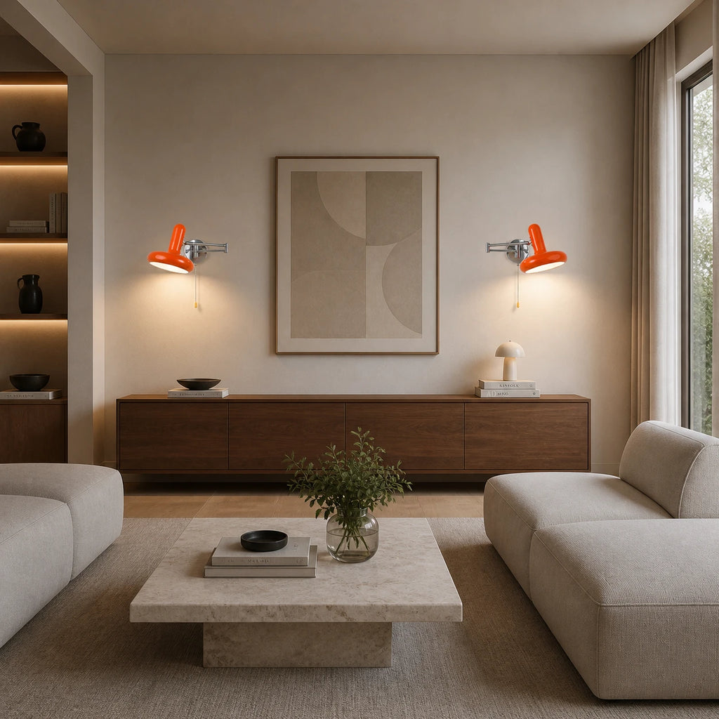 Pair of orange swing arm retro wall lights flanking a sideboard and artwork in an open-plan modern living room