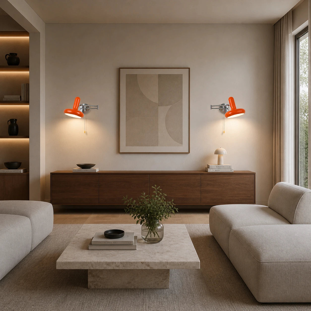 Pair of orange swing arm retro wall lights flanking a sideboard and artwork in an open-plan modern living room