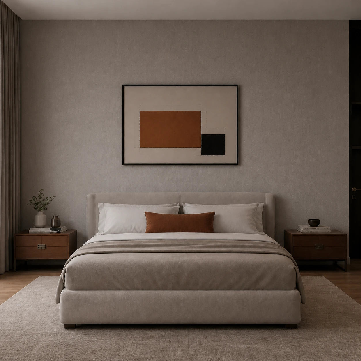 Modern bedroom with upholstered bed and terracotta cushion before installing the pull cord swing arm retro wall light