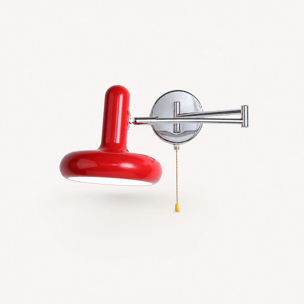 Pull cord swing arm retro wall light in red with pull cord — bold retro accent for feature bedroom walls.