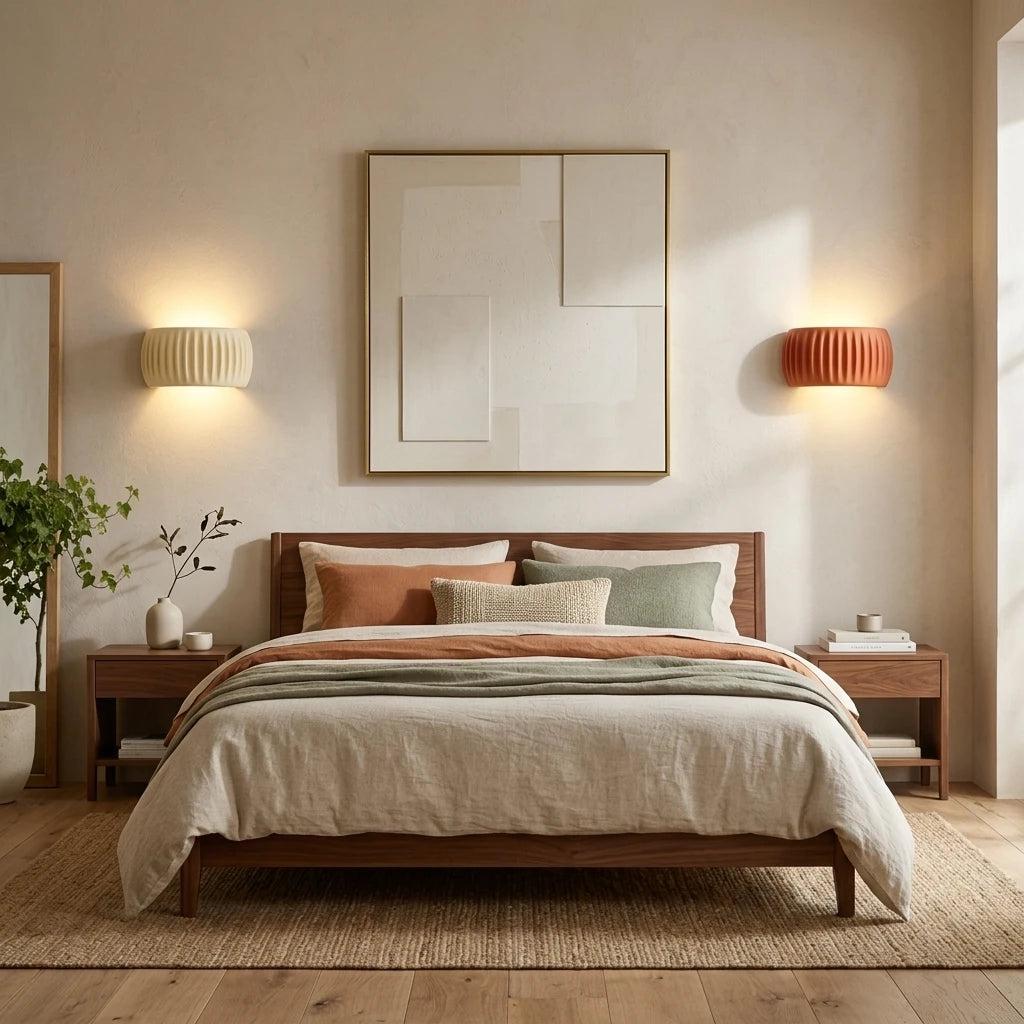 Pair of ribbed resin Nordic wall lights in cream and terracotta as bedside sconces in a natural earthy bedroom.