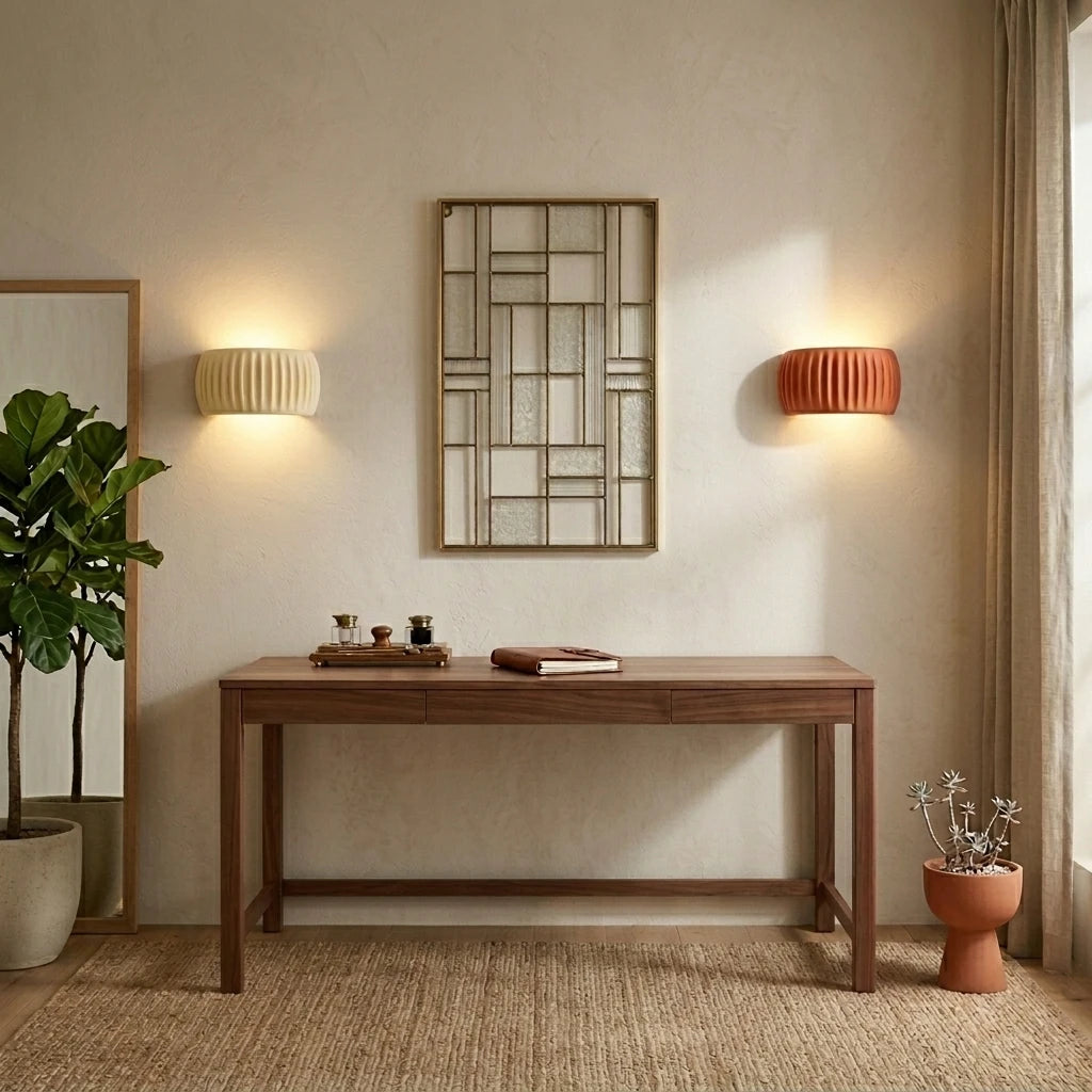 Ribbed resin Nordic wall light in a boho-inspired bedroom, nestled among natural textures and warm earthy tones.