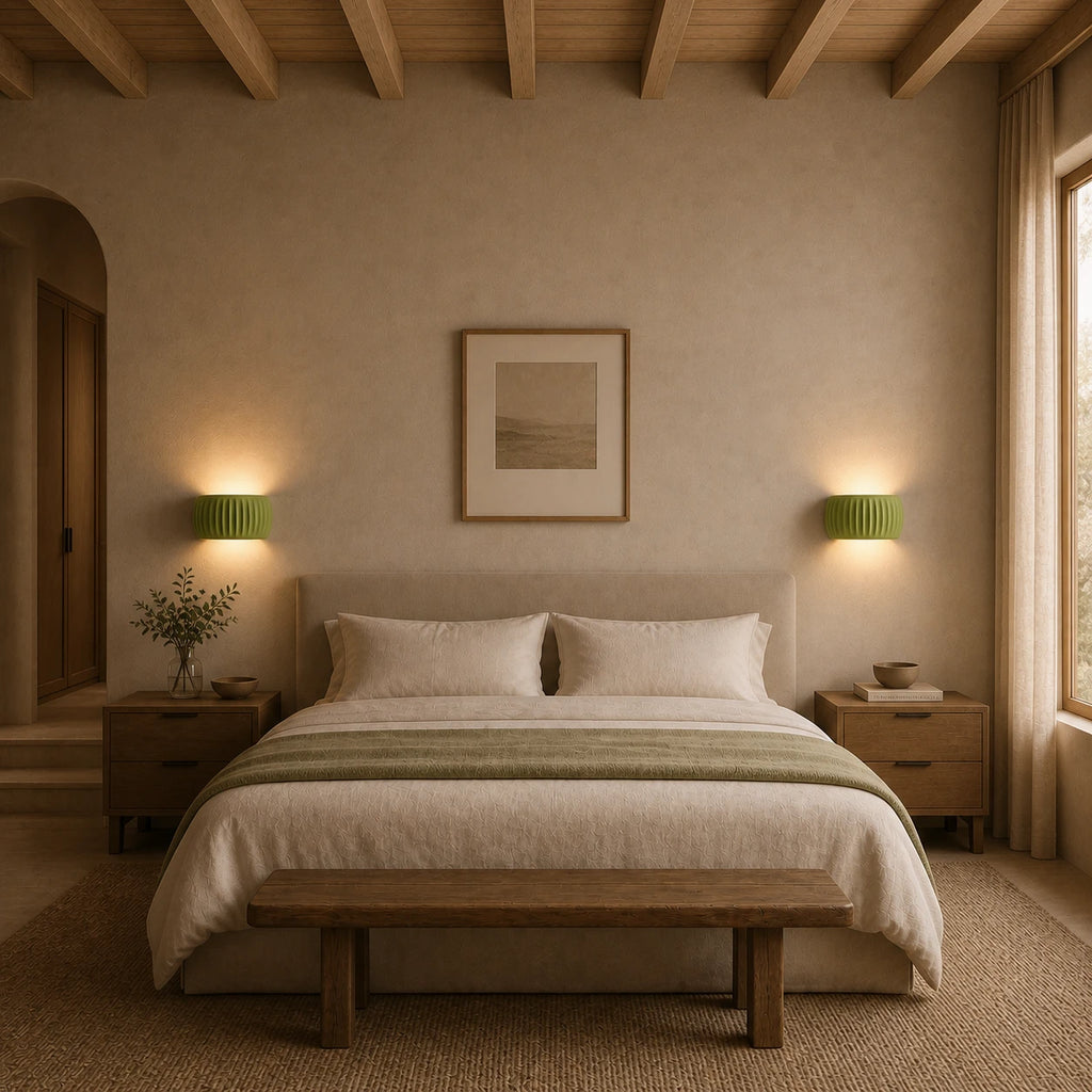 Ribbed resin Nordic wall light above a dining area, providing warm ambient wall lighting for an intimate setting.