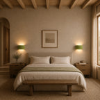 Ribbed resin Nordic wall light above a dining area, providing warm ambient wall lighting for an intimate setting.