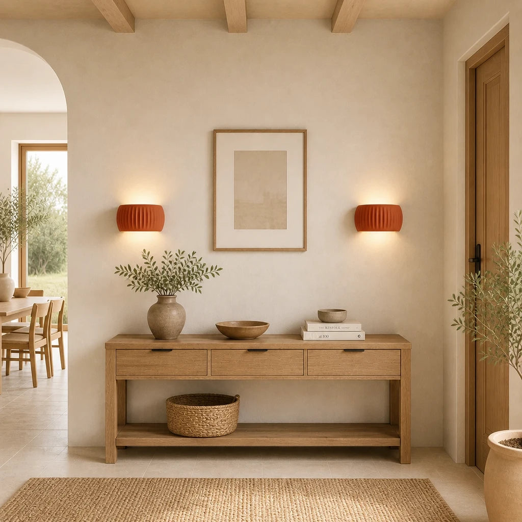 Ribbed Resin Nordic Wall Light lifestyle in hallway in terracotta