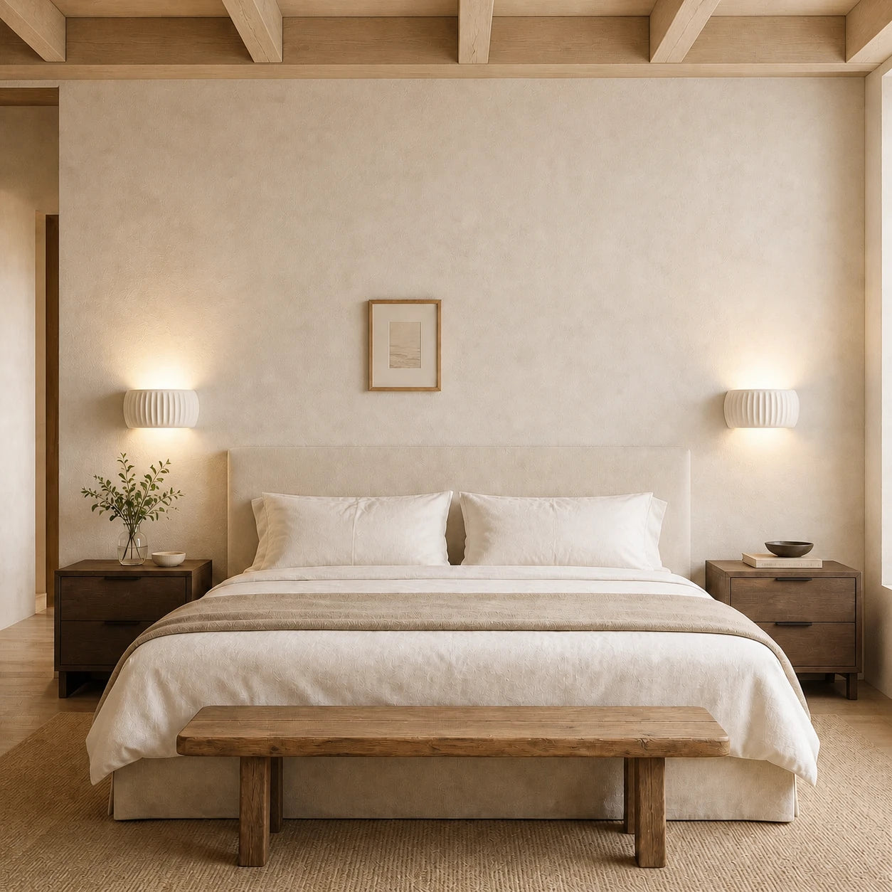 Ribbed resin Nordic wall light in a modern living room, casting warm ambient glow on a neutral painted wall.