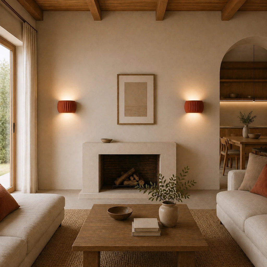 Ribbed resin Nordic wall light in a reading nook, providing hotel-style ambient lighting for bedside reading.