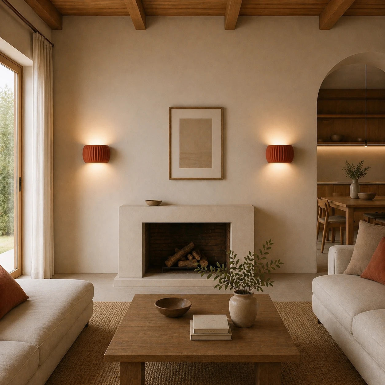 Ribbed resin Nordic wall light in a reading nook, providing hotel-style ambient lighting for bedside reading.