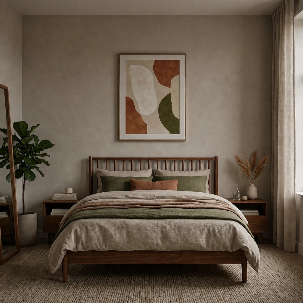 Natural bedroom with walnut slatted bed and terracotta linen bedding before installing the ribbed resin Nordic wall light
