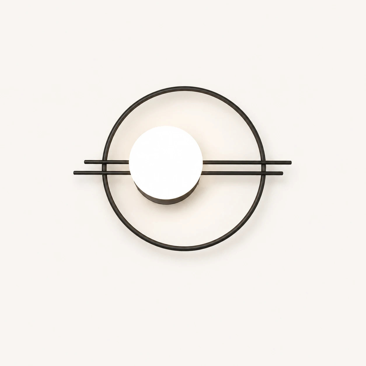 Black ring frame globe LED modern wall sconce with matte black circular ring frame and white opal globe detail