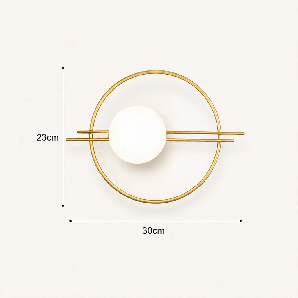 Ring frame globe LED modern wall sconce dimension diagram showing height width and depth measurements in gold finish
