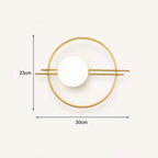 Ring frame globe LED modern wall sconce dimension diagram showing height width and depth measurements in gold finish