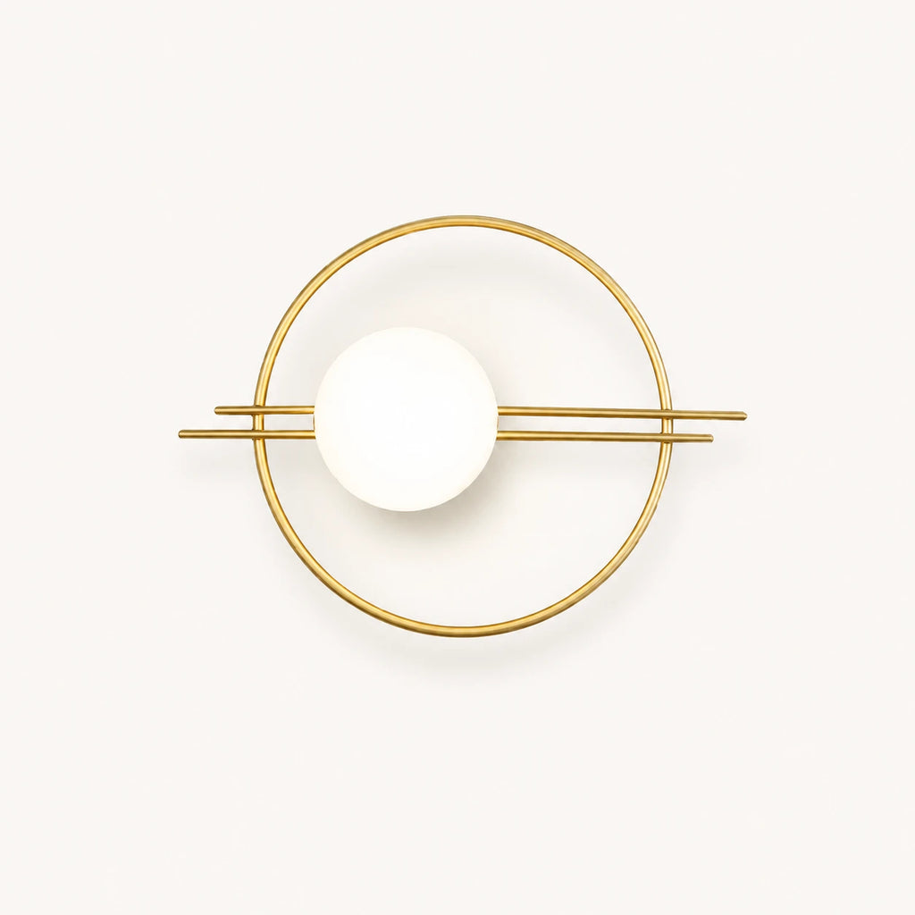 Gold ring frame globe LED modern wall sconce with brushed gold circular ring frame and white opal globe detail