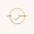 Gold ring frame globe LED modern wall sconce with brushed gold circular ring frame and white opal globe detail