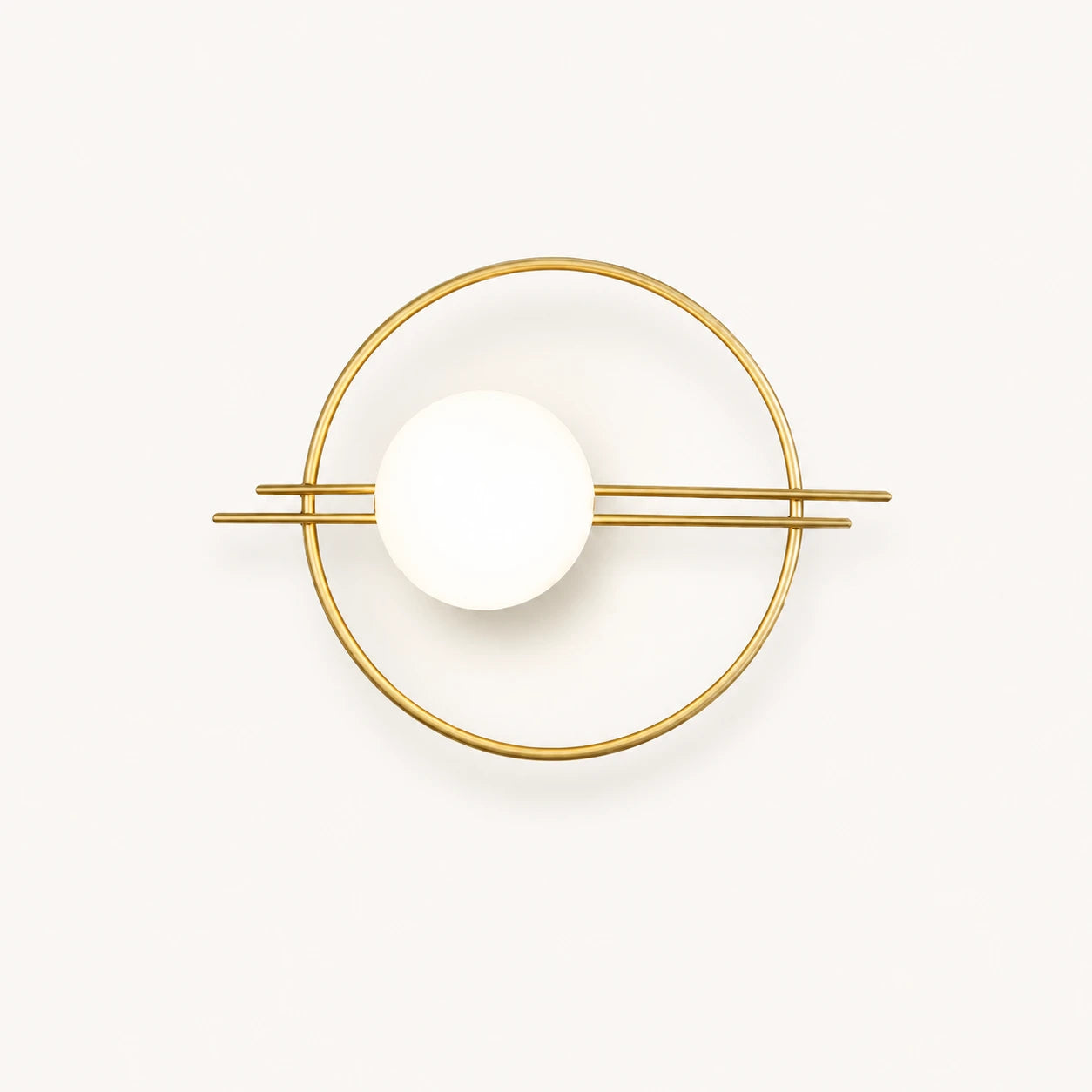 Gold ring frame globe LED modern wall sconce with brushed gold circular ring frame and white opal globe detail