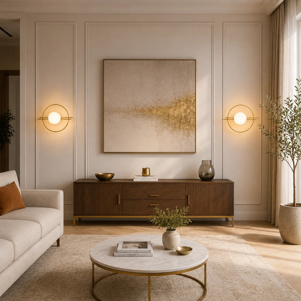 Ring Frame Globe Modern Wall Sconce after installation in living room