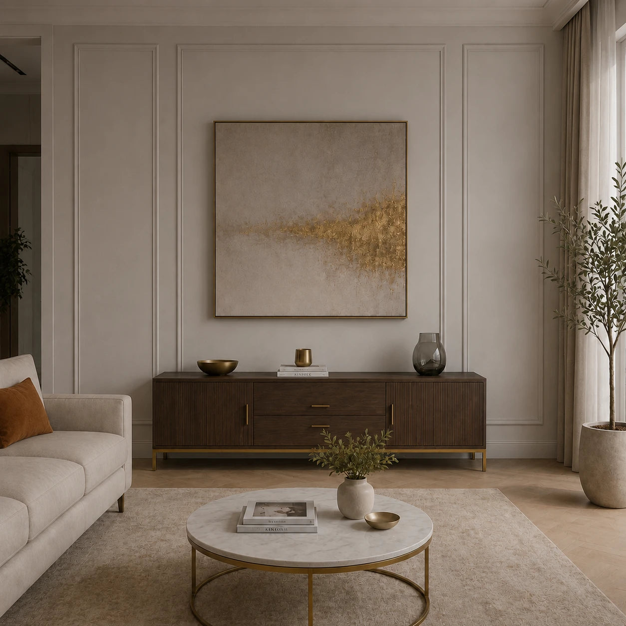 Warm living room with dark fluted sideboard and round marble coffee table before installing the ring frame globe modern wall sconce