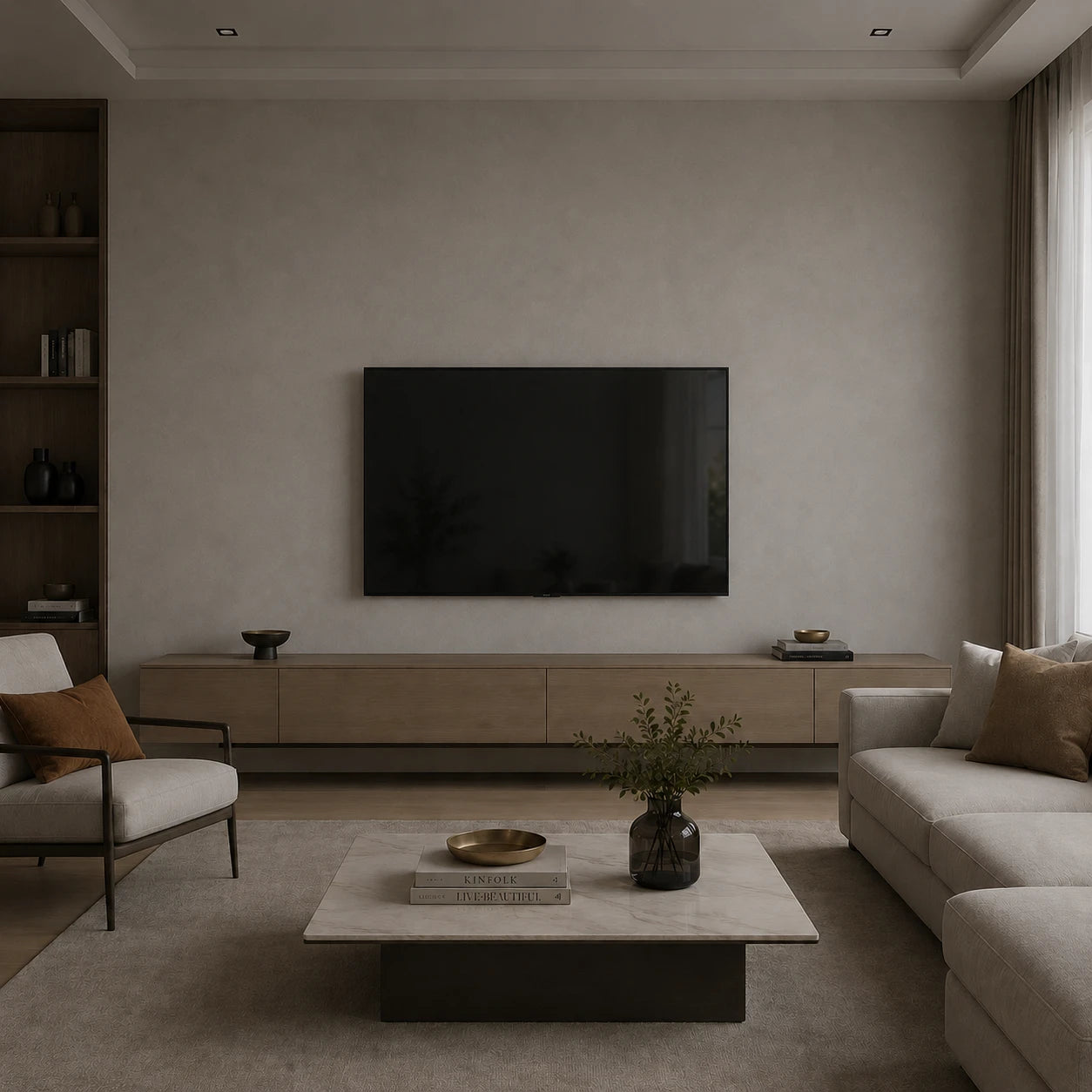 Clean living room with floating oak TV unit and travertine coffee table before installing the rotatable touch-dimmable LED wall light