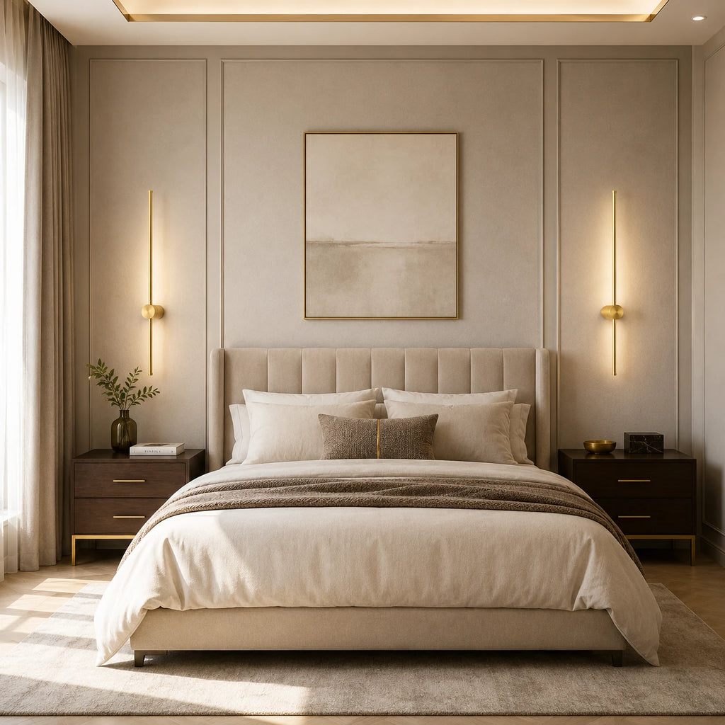 Pair of copper rotatable touch dimmable LED wall lights either side of a bed in a luxury warm bedroom