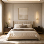 Pair of copper rotatable touch dimmable LED wall lights either side of a bed in a luxury warm bedroom