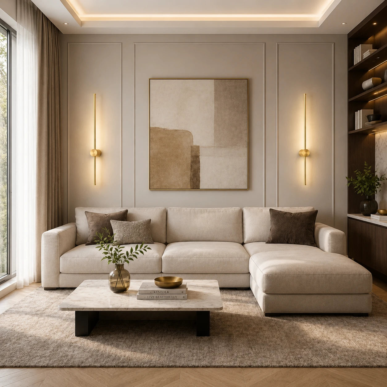 Copper rotatable touch dimmable LED wall lights flanking a large artwork in a neutral contemporary living room