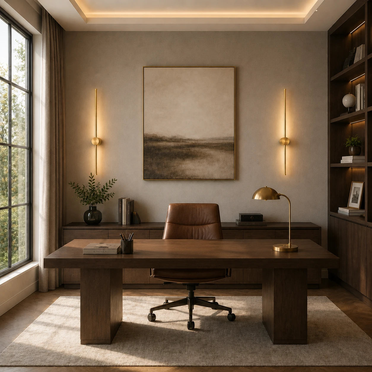 Pair of Rotatable Touch Dimmable LED Contemporary Wall Lights in copper flanking a desk in a home study
