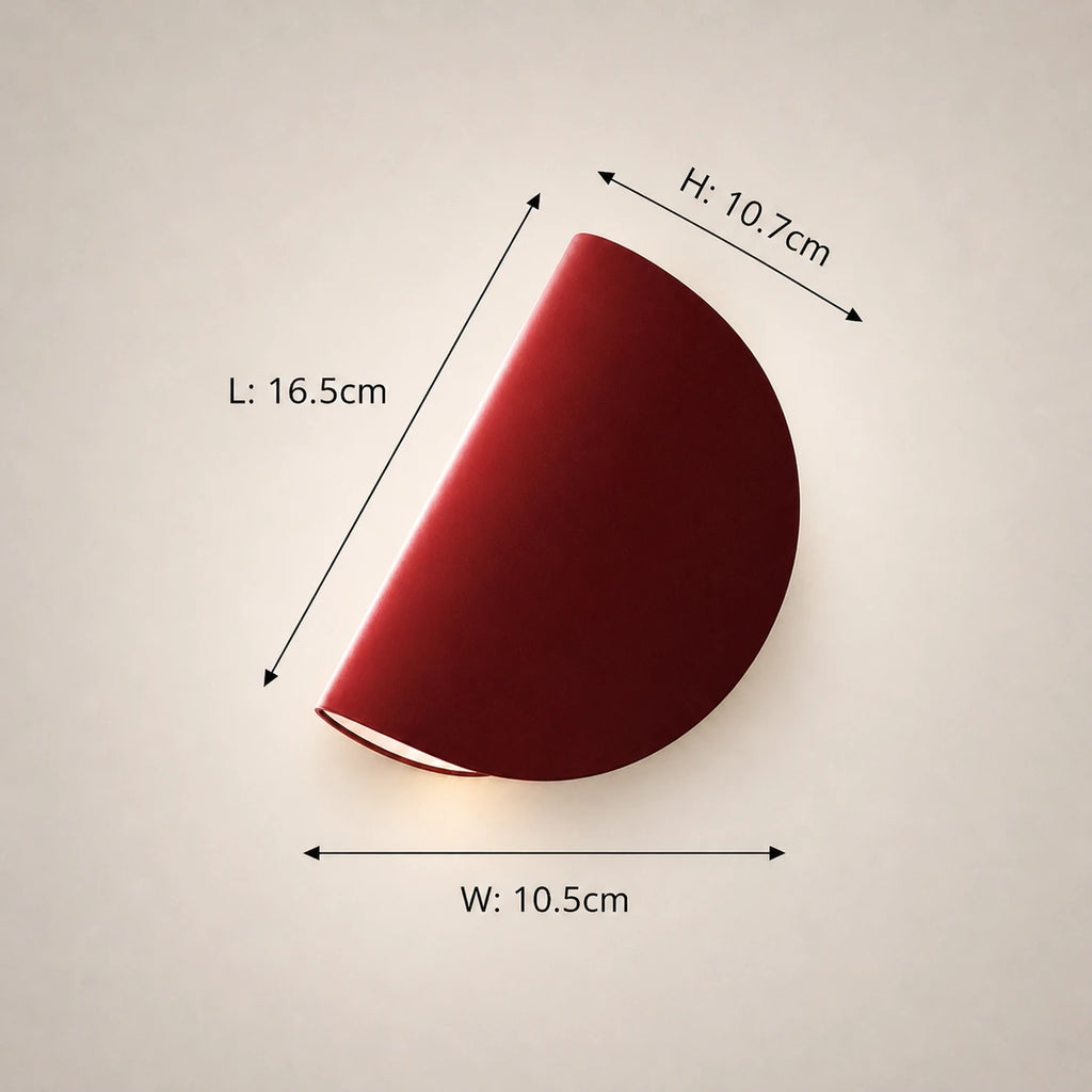 Rotating half-disc LED modern wall light dimensions — semicircular LED panel measurements on a white background.