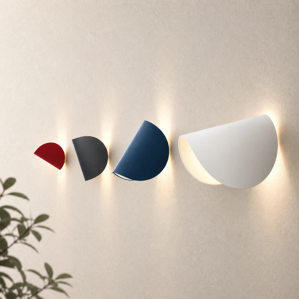 Rotating half-disc LED modern wall light in all four colours — white, black, red, and blue, with adjustable rotation.