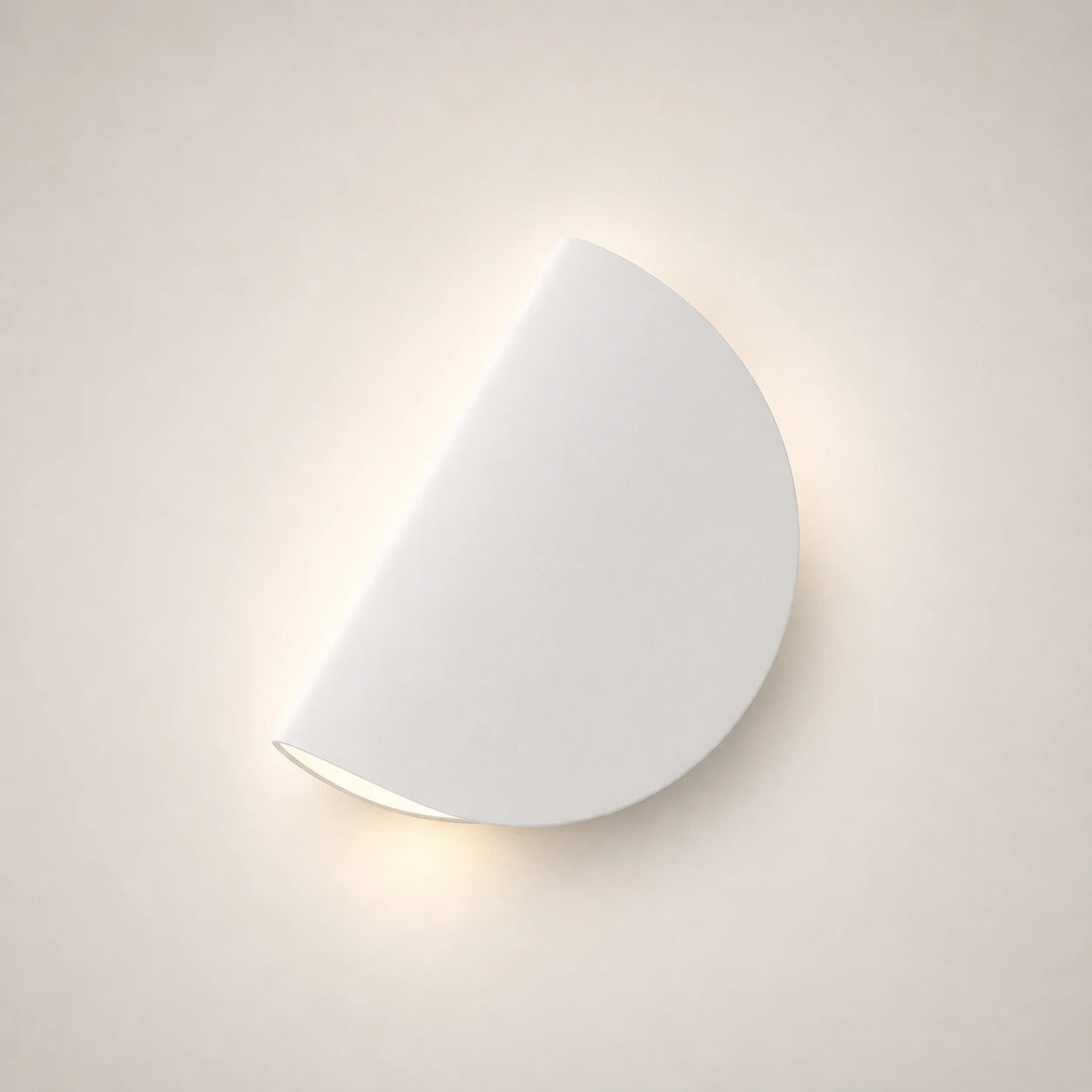 Rotating half-disc LED modern wall light in white — clean minimal semicircular LED panel for modern and Nordic bedrooms.