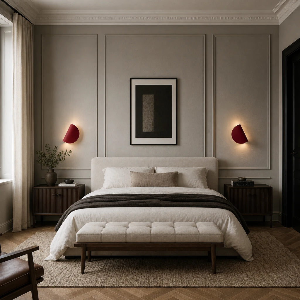 Rotating Half-Disc Modern Wall Light lifestyle bedroom pair 2, red variant