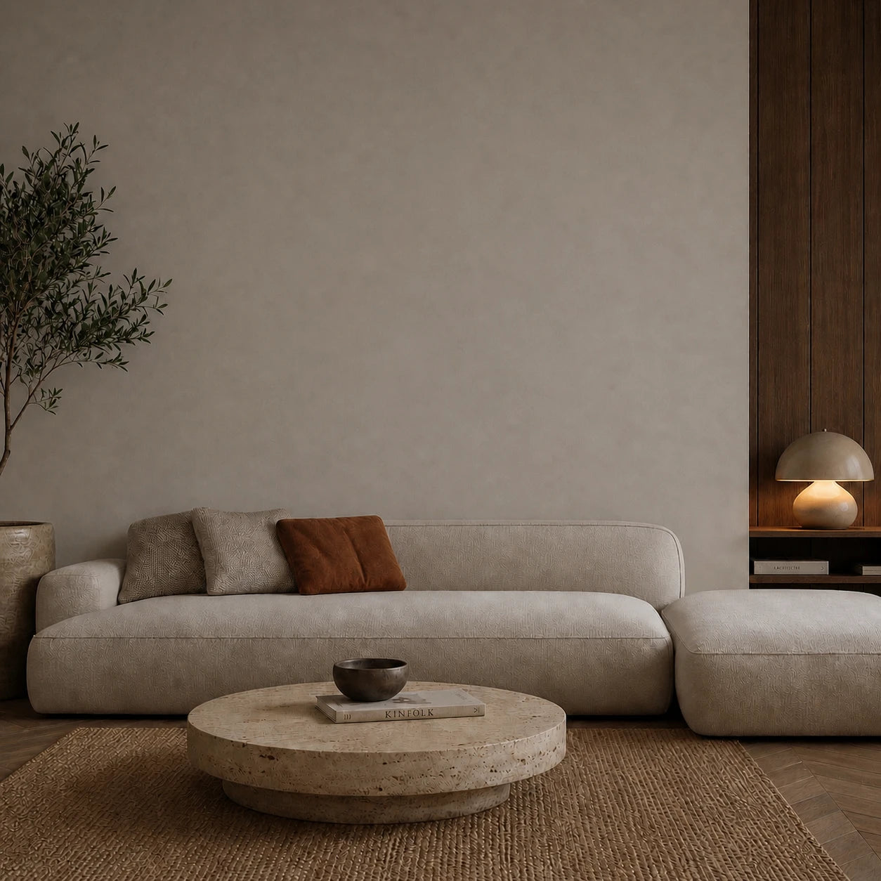 Contemporary living room with linen sectional sofa and travertine coffee table before installing the rotating half-disc modern wall light