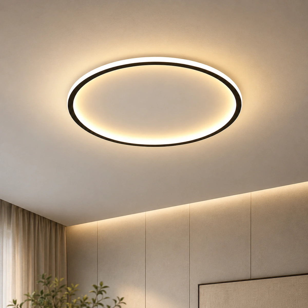 Round LED Scandinavian Ceiling Light in Black, a sleek design with clean lines and a warm ambient glow.
