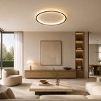 Round LED Scandinavian Ceiling Light in Black installed above furniture in a living room setting, providing warm overhead illumination.